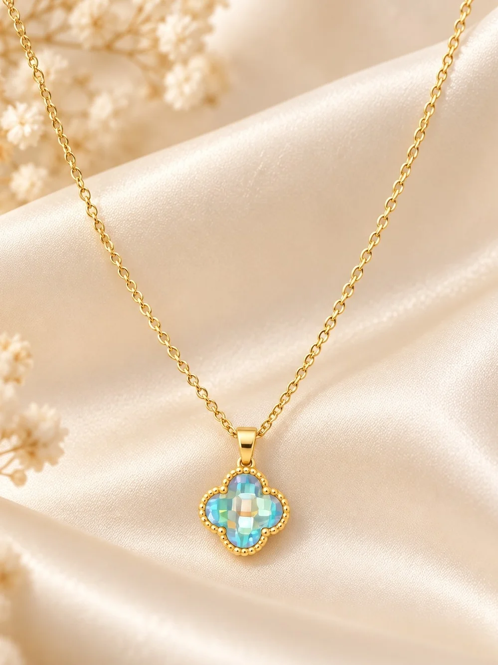 14k. Laminated Gold Clover Pendant Necklace with Blue Opal Accent